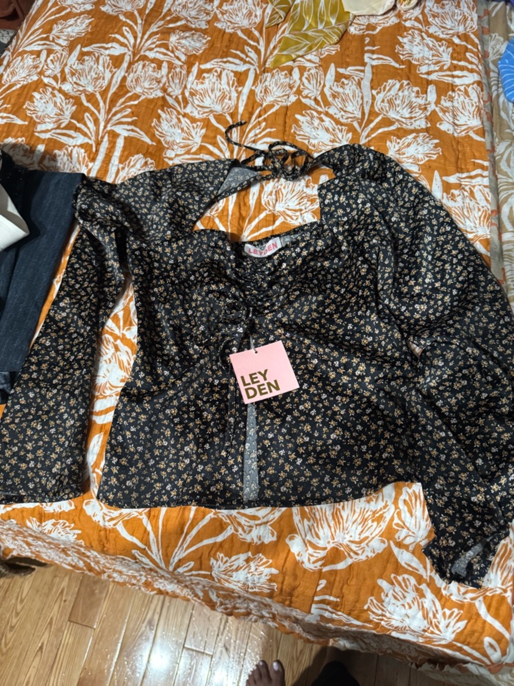 Leyden Black Floral Lace-Up Front Top